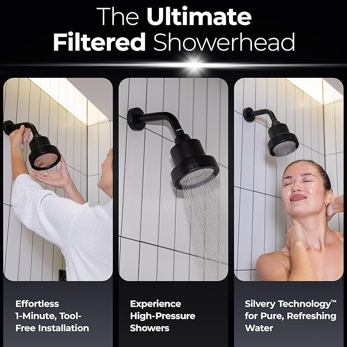 Silvery High Pressure Filtered Shower Head - Dermatologist-Approved Clean Water with Silvery Technology™ Filter - Showerhead Removes Impurities for Healthier Skin, Hair, Scalp & Soothes Dry Skin