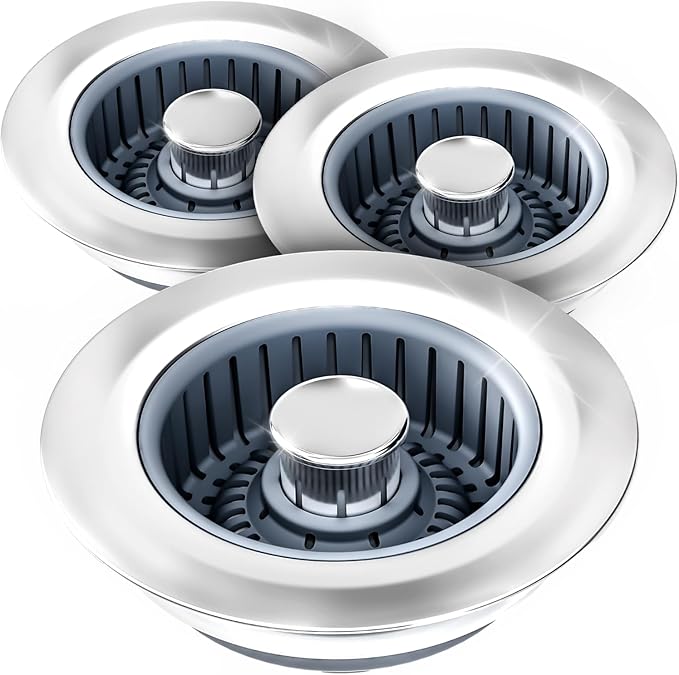 Kitchen Sink Drain Strainer - 3Pack Sink Stopper, Drain Protector, Kitchen Drain Plug & Sink Installation Parts with Anti-Clogging Basket, Fit US Standard 3-1/2'' Sink Drain Hole, Silver