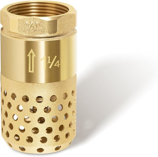 1-1/4 Inch Foot Valve with Mesh Strainer, Universal One-Way Female NPT Check Valve with Backflow Prevention, Lead-Free Brass Construction for Well Jet Pumps, Irrigation, and Water Systems