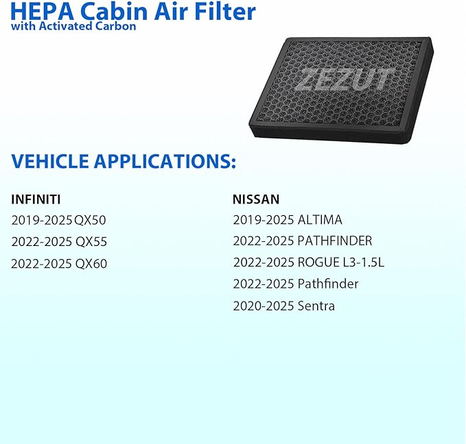 Cabin Air Filter CF12552 Fits Nissan Rogue 2021-2025, Altima 2019-2025, Sentra 2020-2025, Pathfinder 2022-2025, Infiniti QX60 2022-2023, QX50 2019-2025, QX55 2022-2025, Activated Carbon Beads