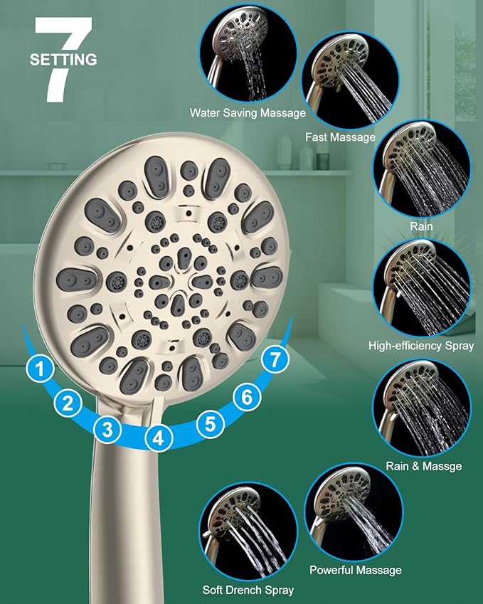 10'' Self-cleaning Rainfall Shower Head, High Pressure Handheld Shower Head, Showerhead Combo with 12'' Adjustable Curved Shower Extension Arm, 7-Spray, 71'' Hose, Showerhead Holder, Brushed Nickel
