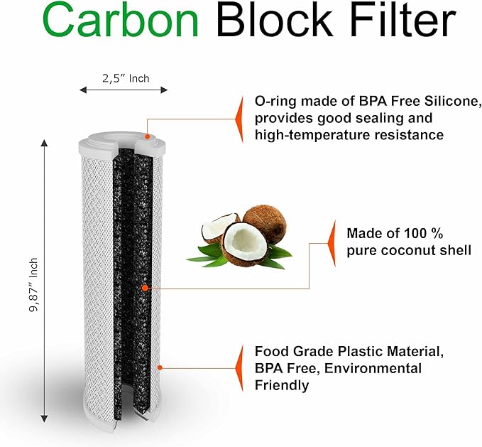 4 Standard Coconut Shell Block Carbon & 4 Four Layers of Filtration Polypropylene Sediment 5 Micron 2.5"x 10" Water Filter Cartridges Universal replacement for Reverse Osmosis & Standard 10” Housing