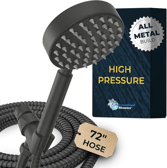 HammerHead Showers® Solid Metal Handheld Shower Head with Hose and Brass Holder - MATTE BLACK - 2.5 GPM High Pressure Shower Heads with Adjustable Shower Wand Bracket - 6ft Flexible Extension