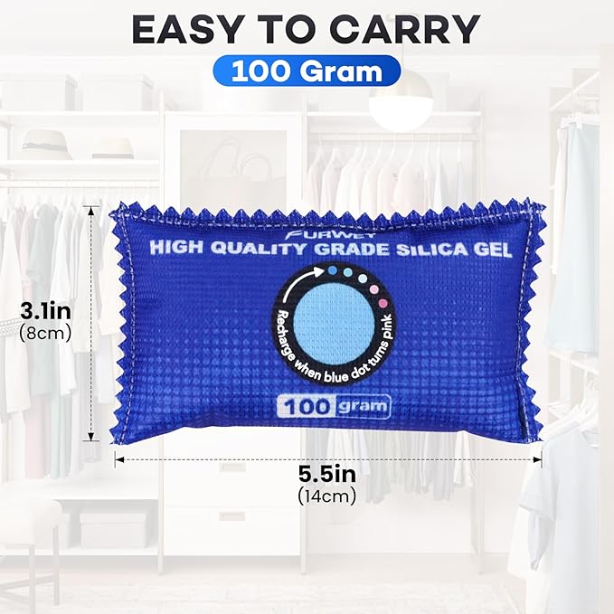 12 Pack Rechargeable Desiccant Packs, 100g Each, Blue, Color Indicating Silica Gel Dehumidifier Bags for Storage, Closets, Cars, Bins