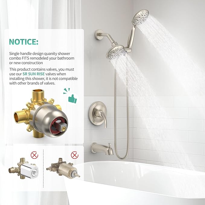 SR SUN RISE Shower System with Tub Spout Rain Shower Tub Set, High Pressure 35-Function Dual 2-in-1 Shower Combo Faucet with Valve, Patented 3-Way Water Diverter in Brushed Nickel (Valve Included)