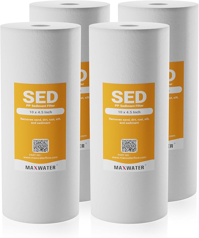 Max Water 5 Micron 10 x 4.5 inch Whole house Sediment Water Filter - Well Water Sediment Filter Replacement Cartridge for DGD-5005, AP810, WFHD13001B (4 Pack)