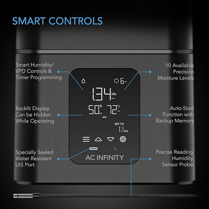AC Infinity CLOUDFORGE T7, Plant Humidifier 15L with VPD Humidity Controls, 10-Level Precision Vaporizer, Extendable Hose, Targeting Pipe, and No-Leak Seal for Grow Tents