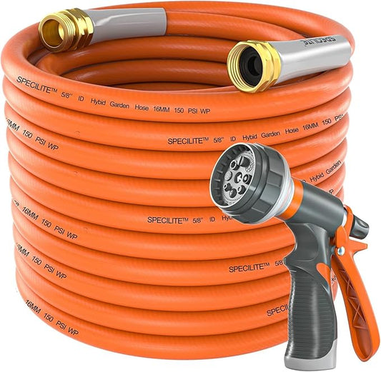 Garden Water Hose 150 ft x 5/8 in Heavy Duty, Flexible and Lightweight, Burst 600 psi, Kink-less Hybrid Rubber Pipe for Backyard, 3/4'' Brass Fittings, Orange