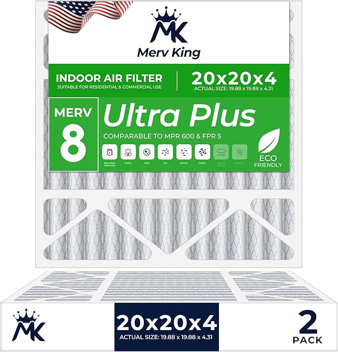 MervKing 20x20x4 Air Filter | MERV 8 | MPR 600-700 Ultra Plus | 2-Pack | Pleated HVAC AC Furnace Replacement Air Filters | Actual Size: 19.88" x 19.88" x 4.31"