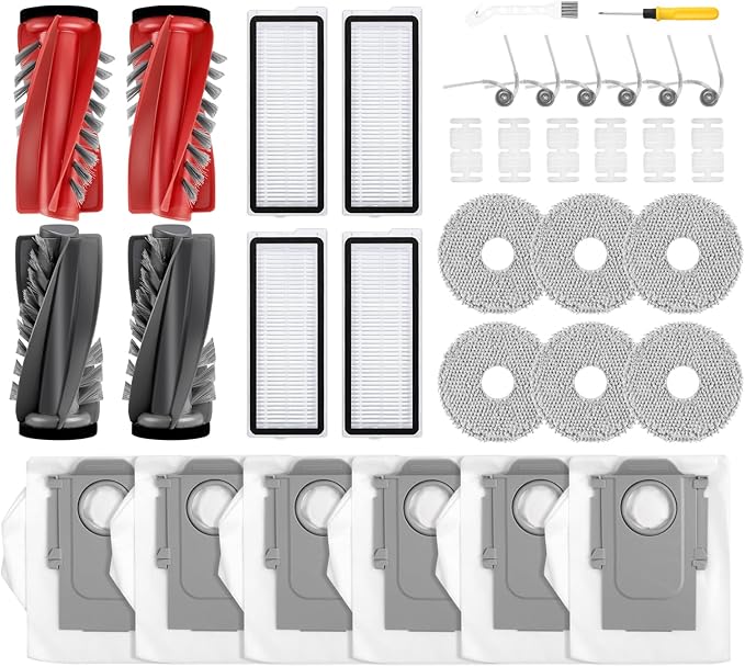 34 PCS Qrevo S5V Replacement Accessories for Roborock Qrevo Curv / S5X / Edge/Edge S5A / Qrevo S5V Robot Vacuum, 2 Mainbrush, 6 Scent Tablets, 4 HEPA Filters, 6 Dust Bags, 6 Mop Pads, 6 Side Brush