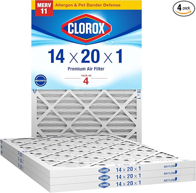 Clorox 14x20x1 Air Filter, MERV 11 Pleated HVAC AC Furnace Air Filters, MPR 1000 & FPR 7 – Pack of 4