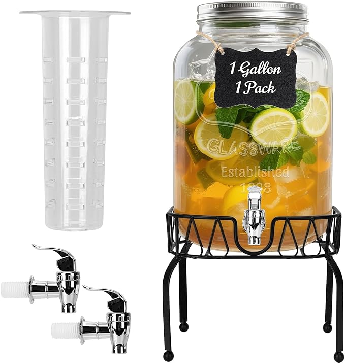 Glass Beverage Dispenser with Stand and Lid, One Pack-2 Gallon with Spigot - Glass Drink Dispensers for Parties, Wedding, Ideal for Juice, Beer, Ice Tea