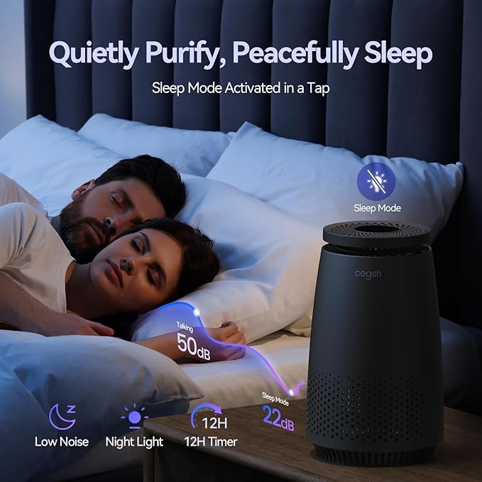Air Purifiers for Home Bedroom, 3-in-1 HEPA Filter for Pets Dander Dust Pollen Smoke Odors, Quiet Air Cleaner with Sleep Mode, 12H Timer, Night Light, Aromatherapy, Safety Lock, Black