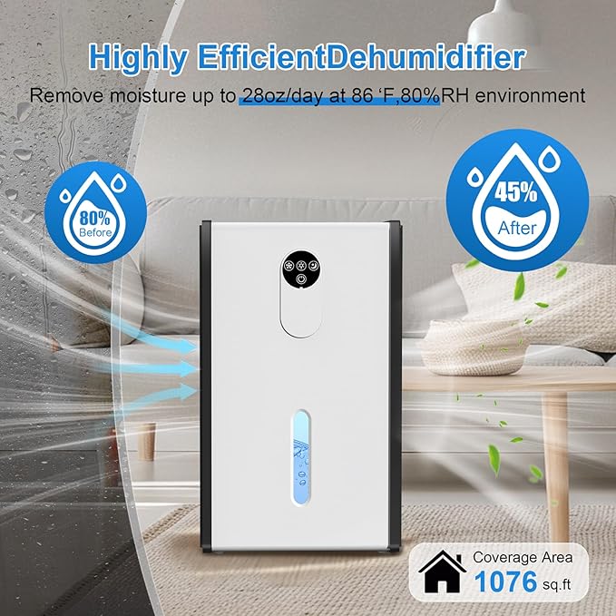 Dehumidifier, 72 OZ Water Tank Dehumidifiers for Home, 1076 sq. ft. Dehumidifier for Basement Bathroom Bedroom with Auto Shut Off, 7 Colors LED Light, Quiet Dehumidifiers with Sleep Mode (White)