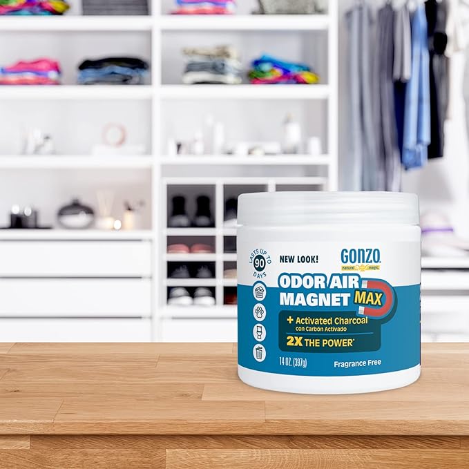 Gonzo Natural Magic Odor Air-Magnet with Activated Charcoal - 14 Ounce (2 Pack) - Odor Eliminator for Car Closet Bathroom and Pet Area Captures and Absorbs Smoke Odors