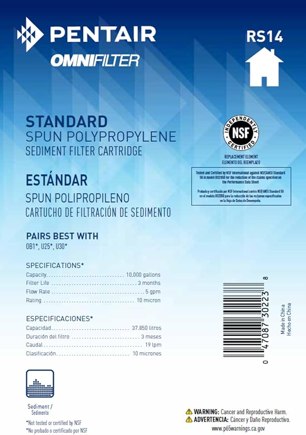 Pentair OMNIFilter RS14 Sediment Water Filter, 10-Inch, Standard Whole House Polypropylene Spun Sediment Replacement Filter Cartridge, 10" x 2.5", 10 Micron, Pack of 1