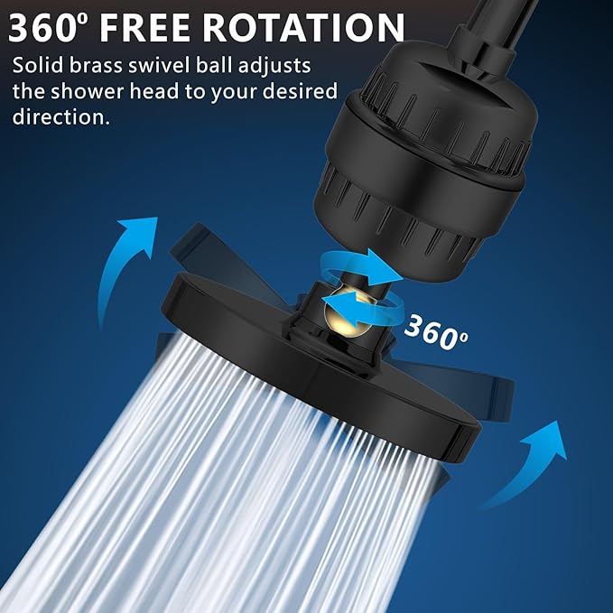 Voolan Filtered Shower Head Set, High Pressure Rain Shower with Handheld Showerhead Combo, Self-adhesive Holder/59" Hose, 20 Stage Filter Removes Chlorine and Harmful Substances (Round, Matte Black)