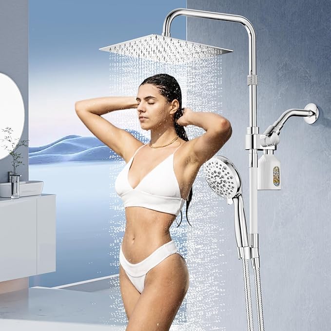 10" Filtered Rain Shower Head with Handheld Spray Combo, High Pressure Shower Head and Handle Set with Filter, Dual Shower Head with Extra Long Hose and Adjustable Extension Arm (Chrome)