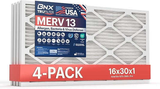BNX TruFilter 16x30x1 Air Filter MERV 13 (4-Pack) - MADE IN USA - Electrostatic Pleated Air Conditioner HVAC AC Furnace Filters for Allergies, Pollen, Mold, Bacteria, Smoke, Allergen, MPR 1900 FPR 10