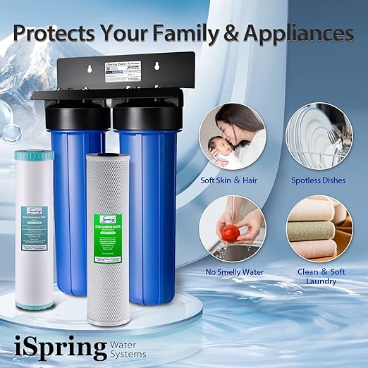 iSpring Whole House Water Filter System, Highly Reduces Iron, Manganese, Chlorine, Taste, Odor, 2-Stage Whole House Water Filtration System, Model: WGB22BM, 1" NPT Inlet/Outlet