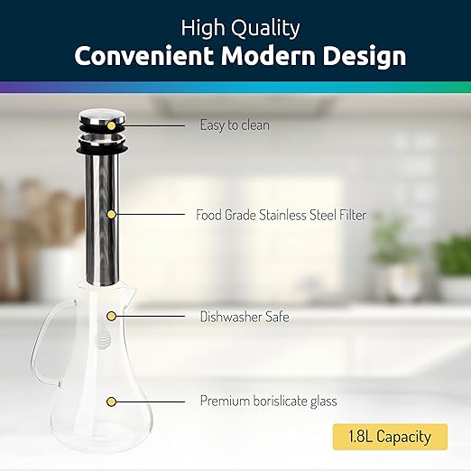 Invigorated Water - Alkaline Glass Water Filter Pitcher, High pH Purifier with 1 Alkalizer Filter Pouch (400-Liter Capacity), 7.5-Cup (1.8 Liter) for Drinking Water