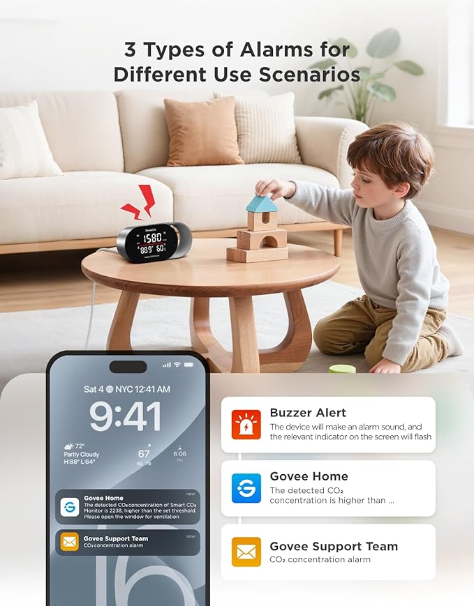 GoveeLife Smart Air Quality Monitor for Home, CO2 Detector for Health, Sleep Quality & Energy Efficiency, Temperature Humidity Meter with Real-Time Display & Alarm, for Office, Bedroom, Kitchen