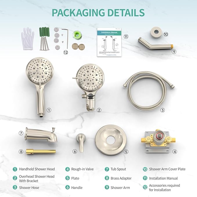 SR SUN RISE Shower System with Tub Spout Rain Shower Tub Set, High Pressure 35-Function Dual 2-in-1 Shower Combo Faucet with Valve, Patented 3-Way Water Diverter in Brushed Nickel (Valve Included)