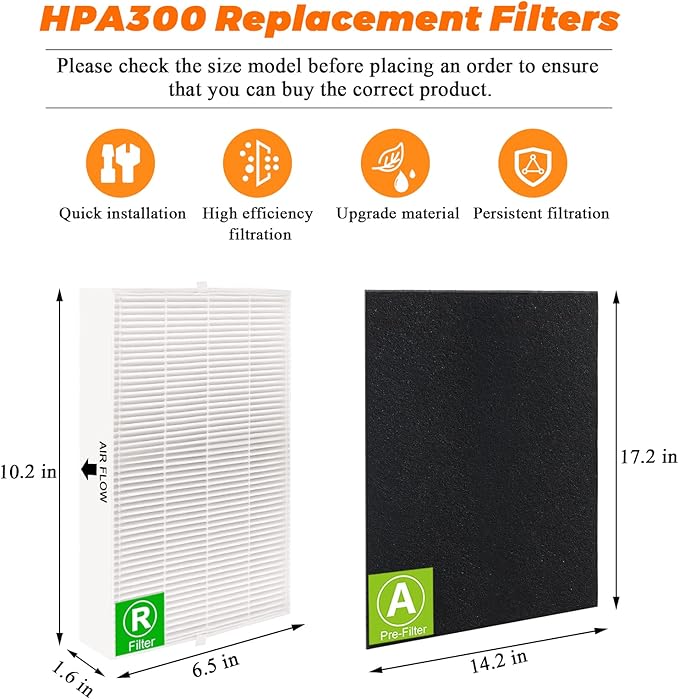 6Pack HPA300 HEPA Filter Replacement for Honeywell Air Purifiers Filter HPA300 HPA200 HPA100 Series - Replace HRF-R3 & HRF-R2 & HRF-R1&HRF-AP1 with 8 Pack Activated Carbon Pre-Filter by Blutoget