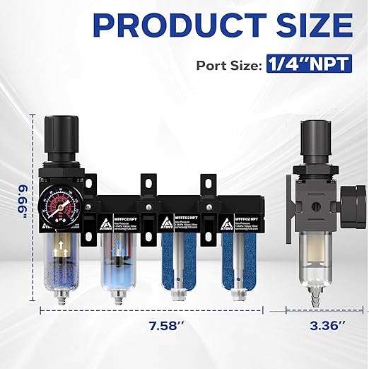 1/4 Inch NPT 4 Stage Air Compressor Dryer System,Air Drying System Brass Filter&Coalescing Filter,Double Desiccant Dryers & Air Regulator, Semi-Auto Drain(Black)