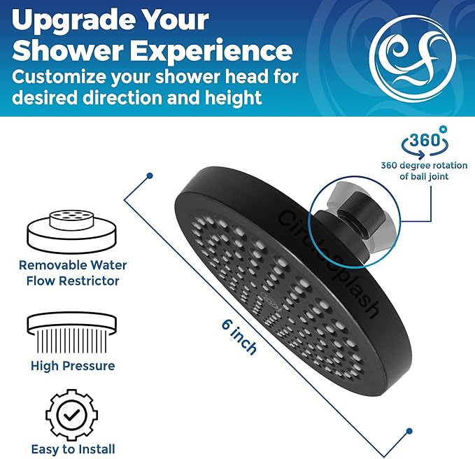 High Pressure Shower Head - Anti-Clogging Silicone Nozzles - 2.5 GPM Removable Restrictor - Easy to Clean Adjustable Replacement - easy to install with Plumbers Tape - 6 inch - Matte Black Finish