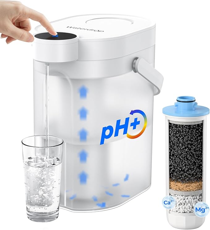 Waterdrop Alkaline Rechargeable Water Filter Dispenser, 6-Stage Instant Electric Powerful Pitcher, Healthy Mineralized Alkaline Water, 15-Cup Portable Countertop System, Does not Lower TDS
