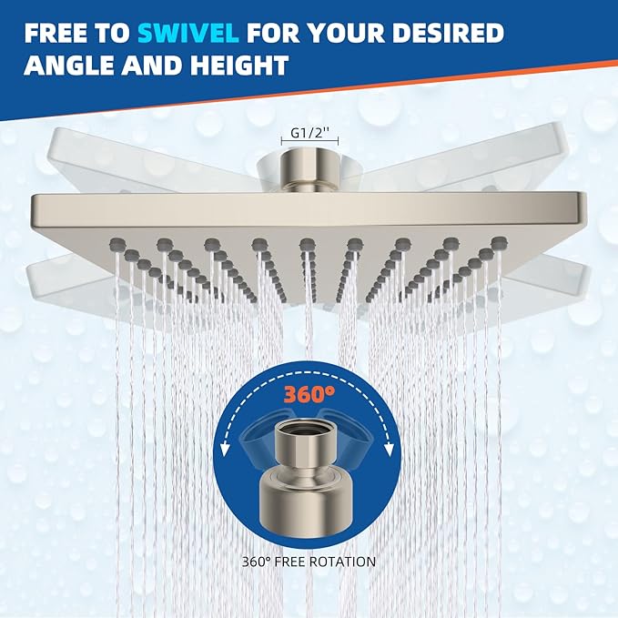 Hibbent Thickness Metal Rain Shower Head, 6'' High Pressure Rainfall Shower Head, Square Bathroom Waterfall Shower Heads, High Flow Fixed Showerheads with Adjustable Brass Ball Joint, Brushed Nickel