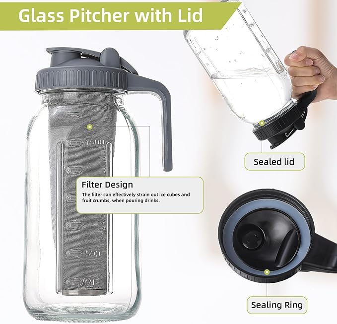 2 Quart Glass Pitcher with Lid for Fridge, Cold Brew Coffee Maker 64 oz, 2 Pack Airtight Leakproof Iced Tea Pitcher with Stainless Steel Filter, New Years Gifts for Friends (Black & Gray)