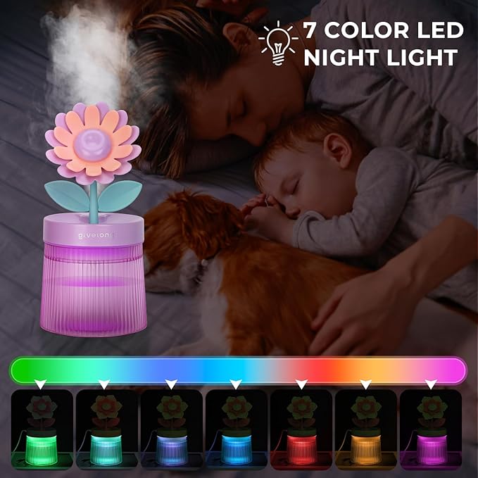 Cute Flower Mini Humidifier, 260ml Sunflower Desktop Humidifiers for Bedroom, Portable Small Cool Mist Humidification for Home, Baby Nursery, Office & Indoor Plants, USB Powered (Purple)