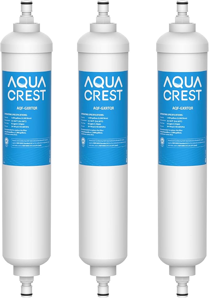 AQUA CREST GXRTQR Inline Water Filter, NSF Certified, Compatible with GE GXRTQR, GXRTQ System, Reduces Chlorine, Fluoride, Limescale and More, for Refrigerator, Icemaker, RVs (3 Filters)