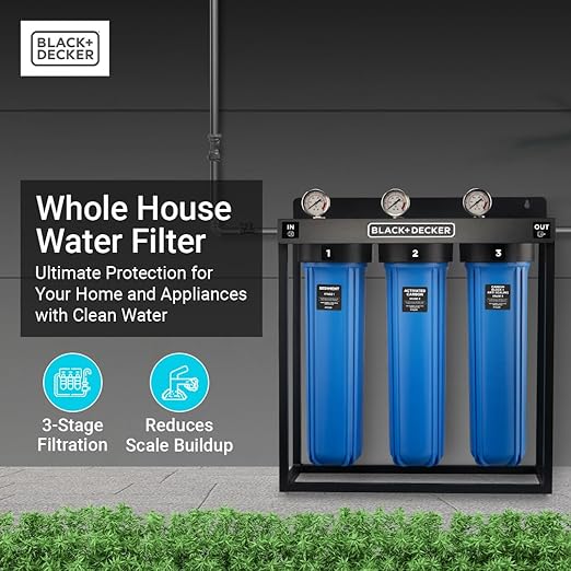 BLACK+DECKER Whole House Water Filter, 3-Stage Filtration System, Anti-Scaling Whole House Filter, IAPMO R&T Tested, Platinum Sealed, and NSF/ANSI 42 Certified