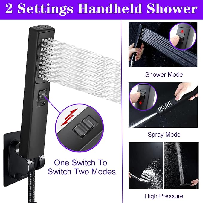 8"High Pressure Square Rain Shower Head and 2-in-1 Hand Shower.Equipped with 78"Hose, 3 Way Diverter Valve,Adhesive Shower Head Holder.(AWAXFOLO Square Shower Head Set Black)