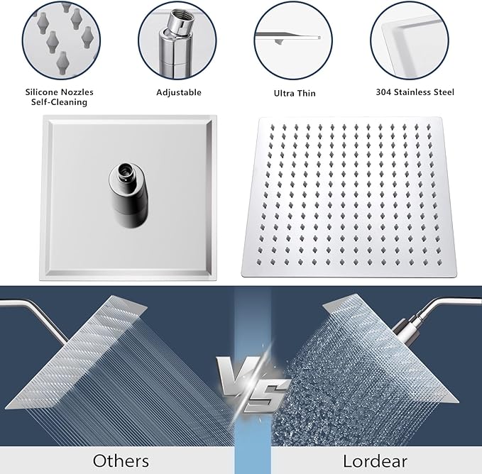 Lordear Filtered Shower Head 12 Inch Stainless Steel Square Shower Head, High Pressure Showerhead for Hard Water,Ceiling or Wall Mounted Waterfall Shower (Chrome)