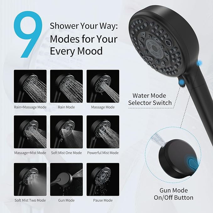 Filtered Shower Head with Handheld, 9 Spray Mode High Pressure Shower Head with 4 Filters, Hard Water Filter Showerhead - Remove Chlorine, Matte Black