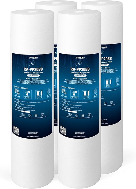 Ronaqua 20" x 4.5" Big Sediment Replacement Water Filter Cartridge, 50 Micron, NSF Certified, for Whole House, Compatible with 155358-43, 2PP20BB1M, AP810-2, FPMB-BB5-20, P5-20BB, SDC-45-2005, 4 Pack