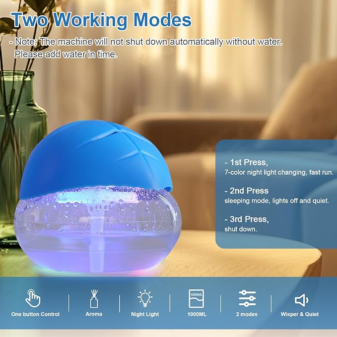 Water-Based Purifier Air Washer, Air Revitalizer & Freshener, Air Fresher with 7 LED Color Changing Light for Rooms (Blue)