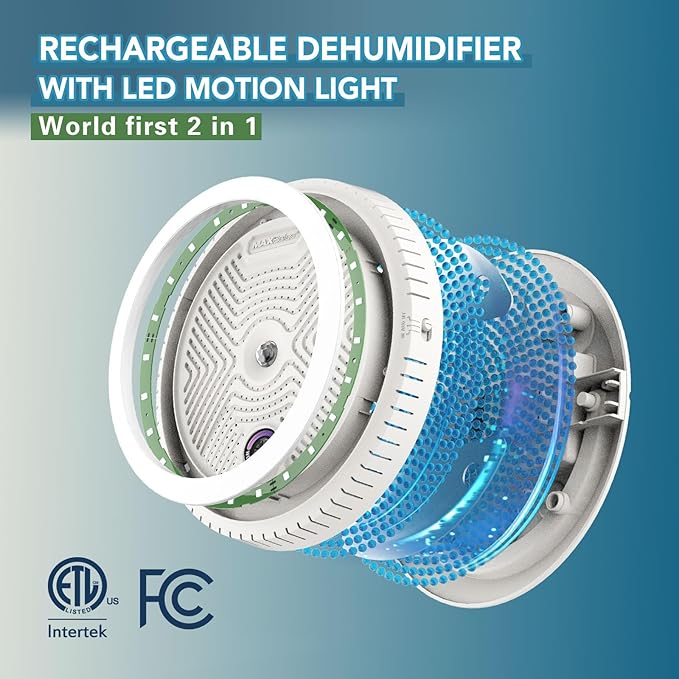 2-in-1 Rechargeable Dehumidifier with Motion Sensor LED Light, Perfect For Gun Safe, Gun Cabinet and other enclosed areas, ETL Approved (White)