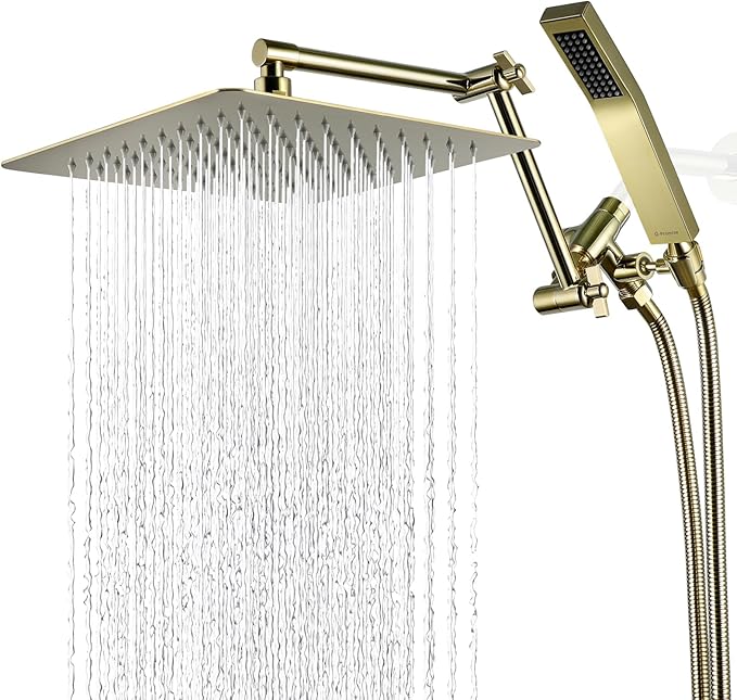 G-Promise All Metal 10 Inches Rainfall Shower Head with Handheld Spray Combo, 3 Settings Diverter, Adjustable Extension Arm with Lock Joints, 71 Inches Stainless Steel Hose (Polished Brass)