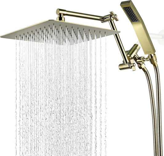 G-Promise All Metal 10 Inches Rainfall Shower Head with Handheld Spray Combo, 3 Settings Diverter, Adjustable Extension Arm with Lock Joints, 71 Inches Stainless Steel Hose (Polished Brass)
