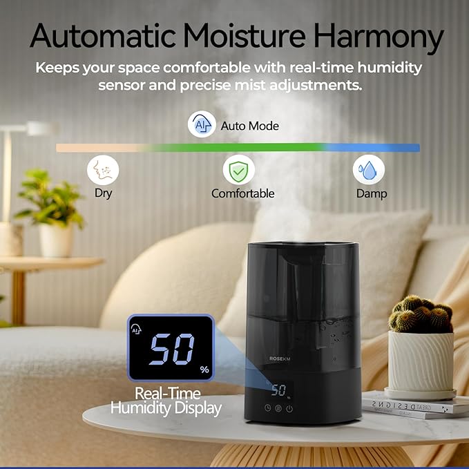 Automatic Humidifiers for Bedroom Large Room, 4.5L Cool Mist Humidifier for Home & Plant with Timer & Humidity Sensor, Last Up to 18H on High Setting, Auto Shut-Off, 360° Nozzle (Black)