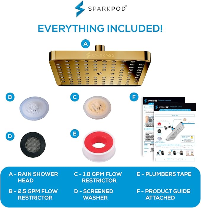 SparkPod Shower Head - High Pressure Rain - Premium Quality Luxury Design - 1-Min Install - Easy Clean Adjustable Replacement for Your Bathroom Shower Heads (Egyptian Gold, 8 Inch Square)