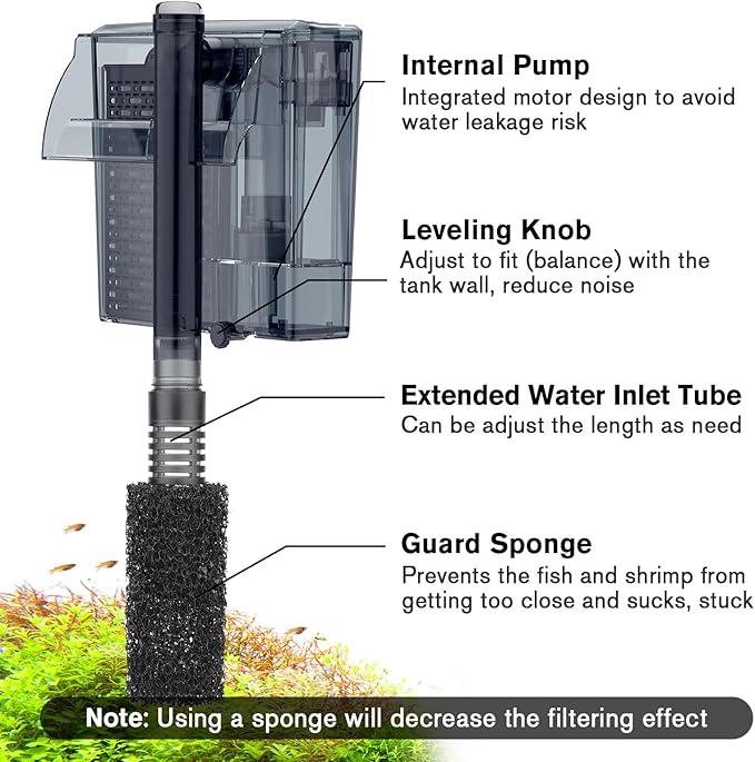 hygger Aquarium HOB Filter 105 GPH for 10-20 Gallon Fish Tank Power Filter with Adjustable Water Flow Extendable Intake Tube External Hang-On Back Filter
