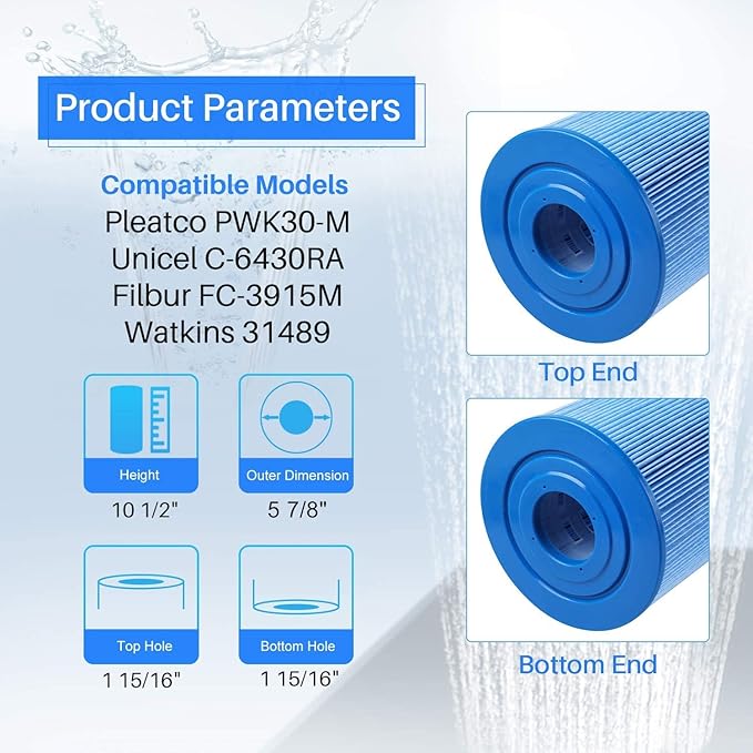 POOLPURE PLFC-6430-M Spa Filter Replaces Watkins 31489, Compatible Pleatco PWK30-M, Filbur FC-3915M, P/N0969601, 71825, 73178, 73250, 3 Pack.