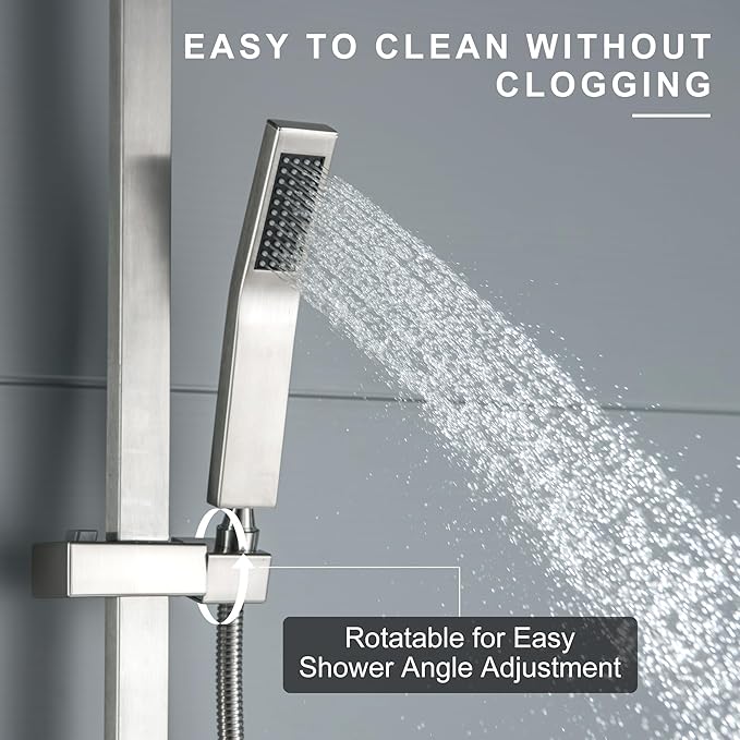 BElYl Shower Head with Slide Bar Brushed Nickel High Pressure Hand shower with Square 29" Long Slide Bar Adjustable Height Shower Head with Handheld Spray