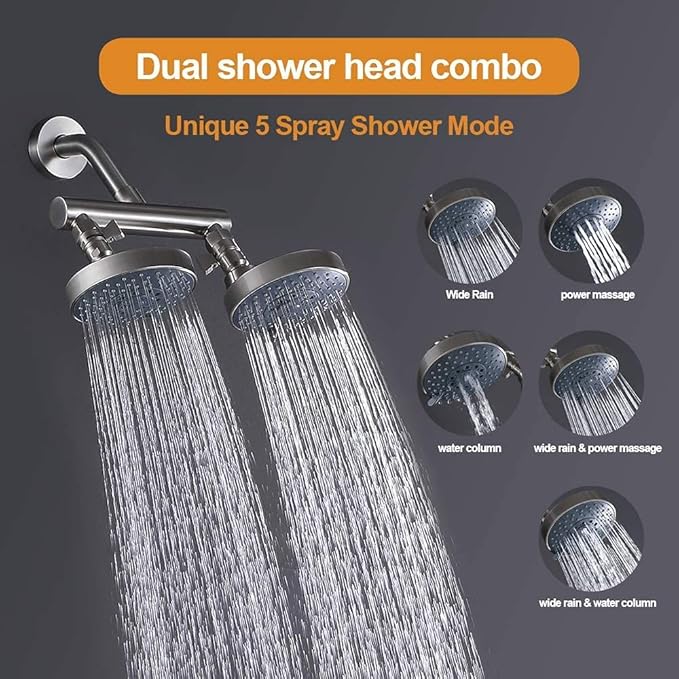 AZOS Double Shower Head with Shut-Off Valve, Bathathroom High Pressure Dual Fixed Rain Shower Head Combo with Brass Dual Outlet Manifold, Adjustable 5 Function Showerhead Brushed Nickel